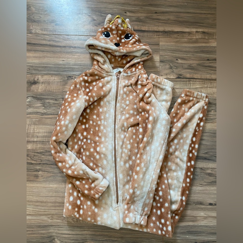 H&M Kids Deer Costume Pajamas Fleece Hooded One Piece Size 12-14 Animal Outfit